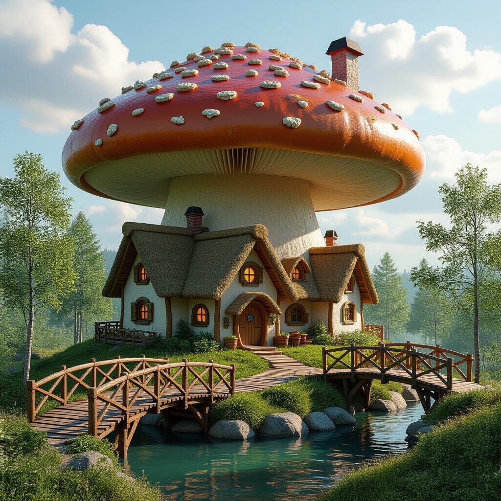 Mini Village Inside Mushroom, Ultra-Realistic 8k Panorama