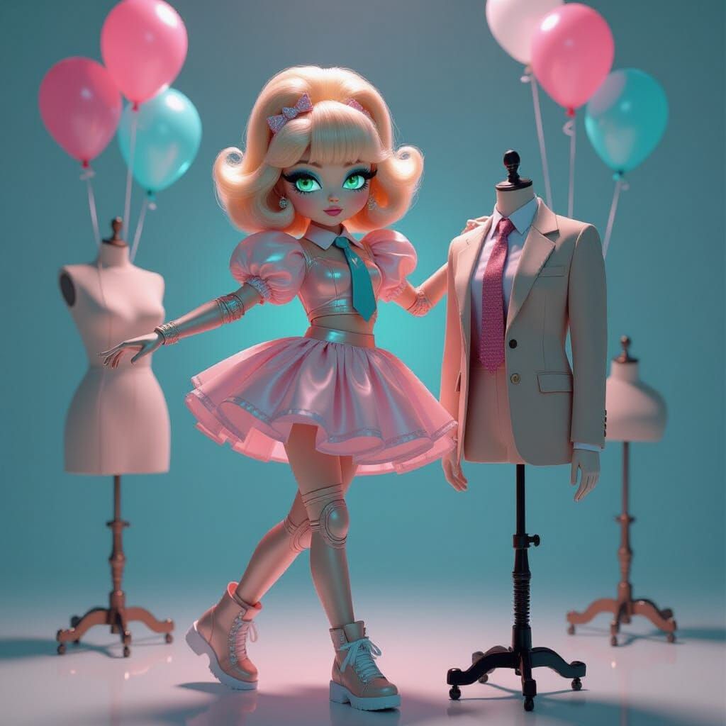 Cutesy Fembot Waltzes with Mannequin in 80s Synthwave Style