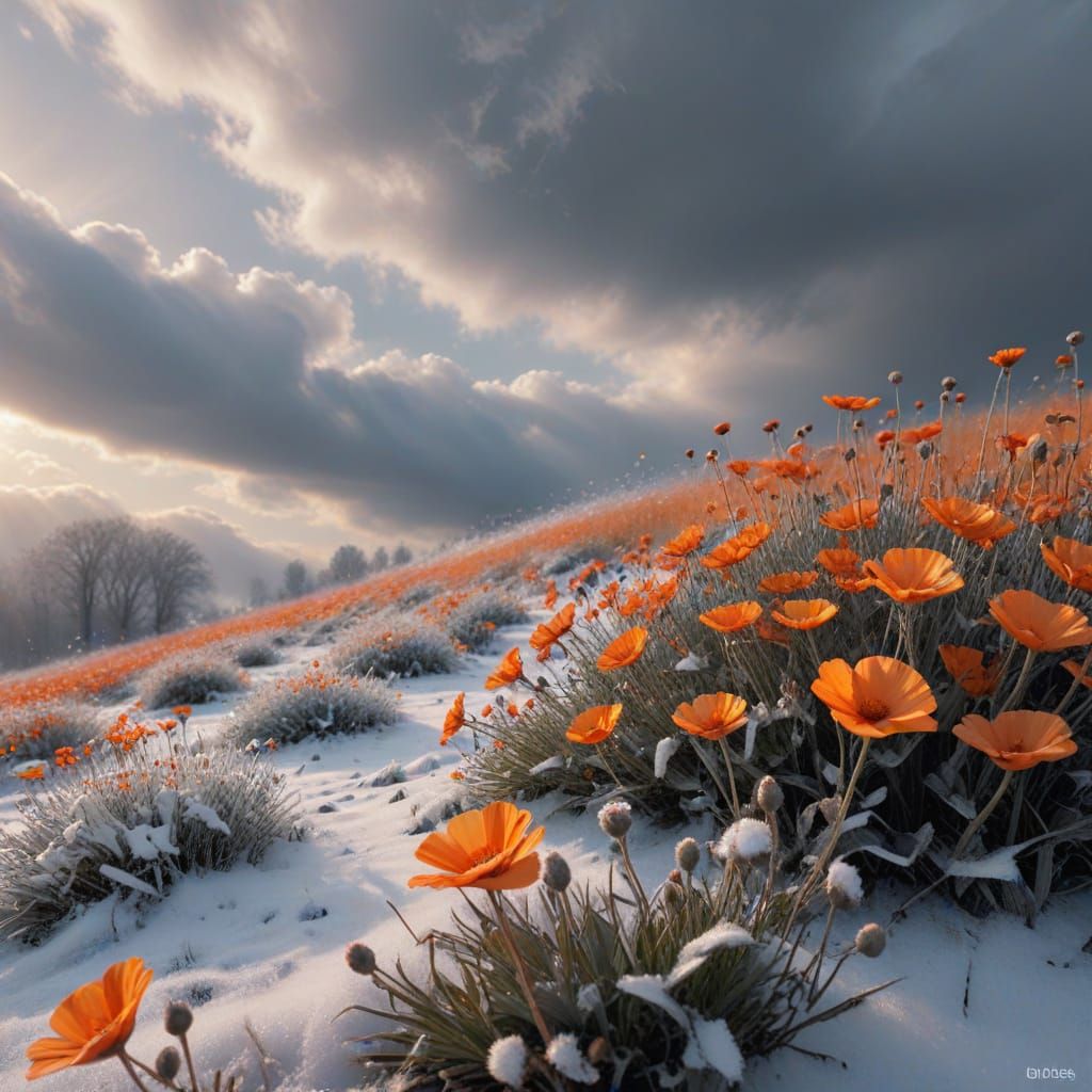 Ethereal Field of Withered Flowers in Snowy Bliss
