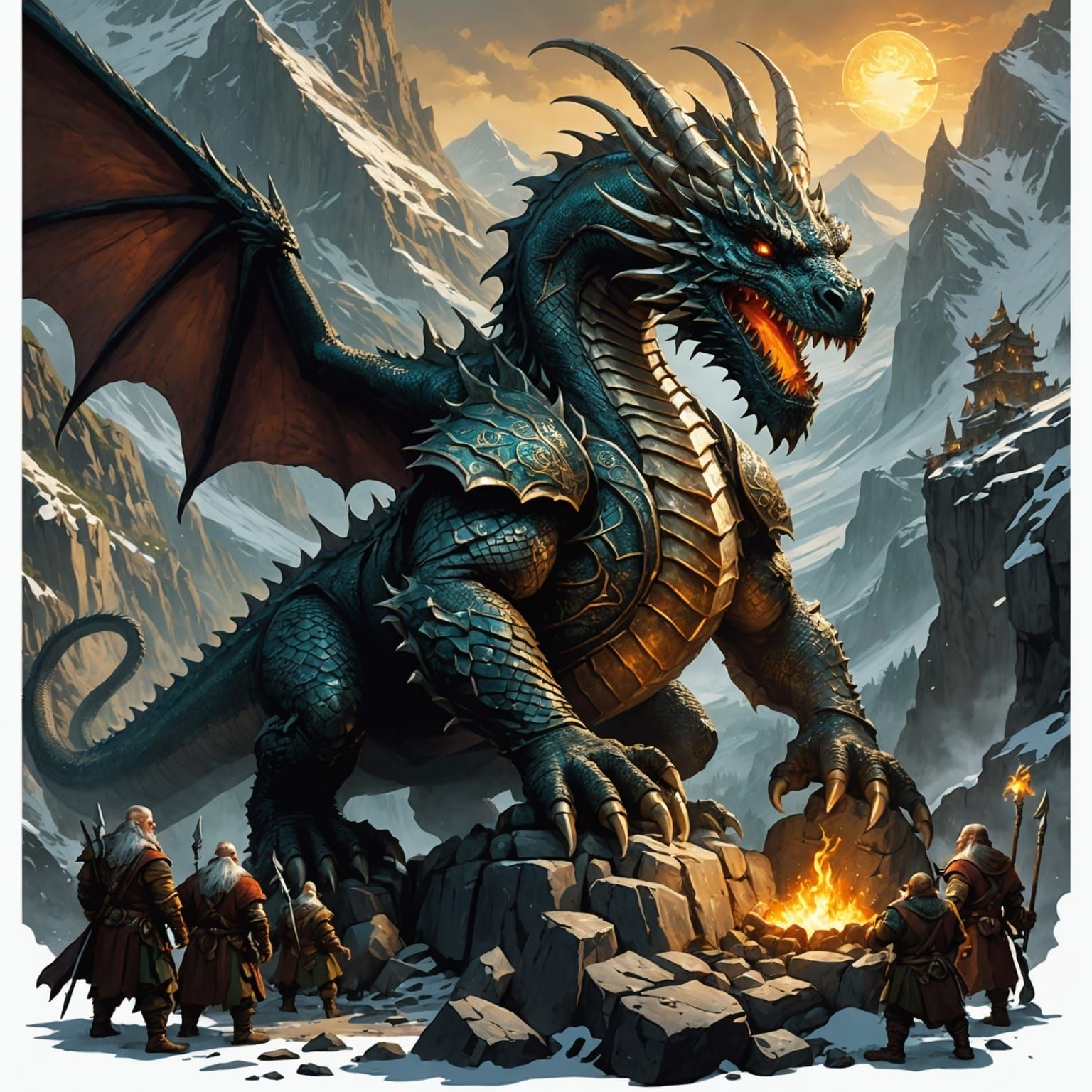 Dwarves Meet Dragon in Hidden Valley: Dark Fantasy Art