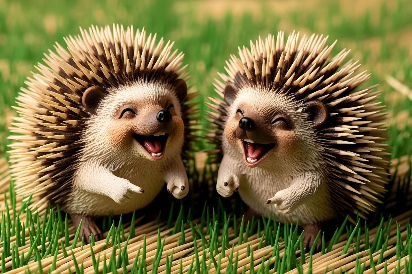 Laughing Wooden Hedgehogs in Grassy Field, Folk-Art Style