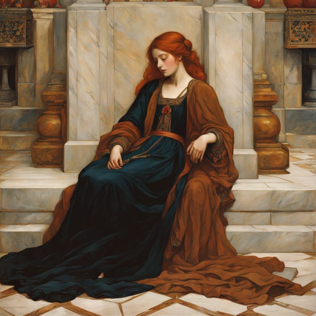 Medieval Woman Slumbers on Marble Floor
