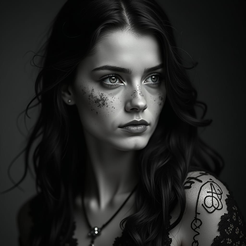 Mystical Norse-Celtic Goddess Portrait in Monochromatic Styl...