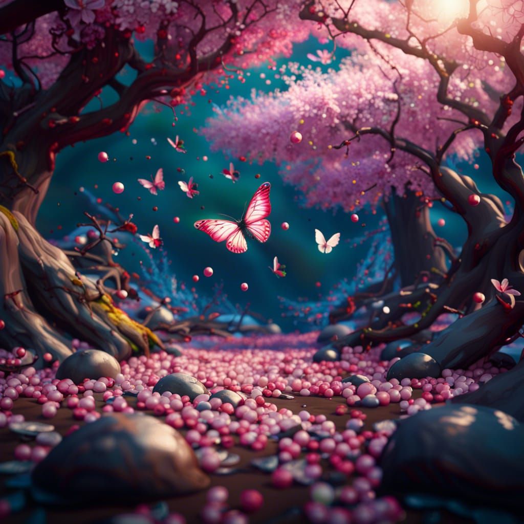 Fantastical Cherry Blossom Grove with Birds and Pearls
