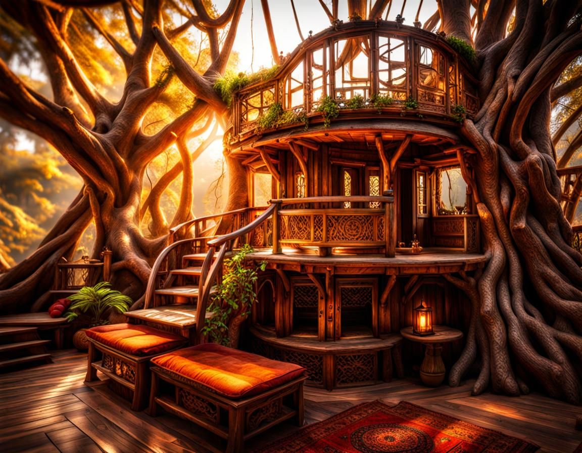 Hyperrealistic Bohemian Treehouse Interior in HDR
