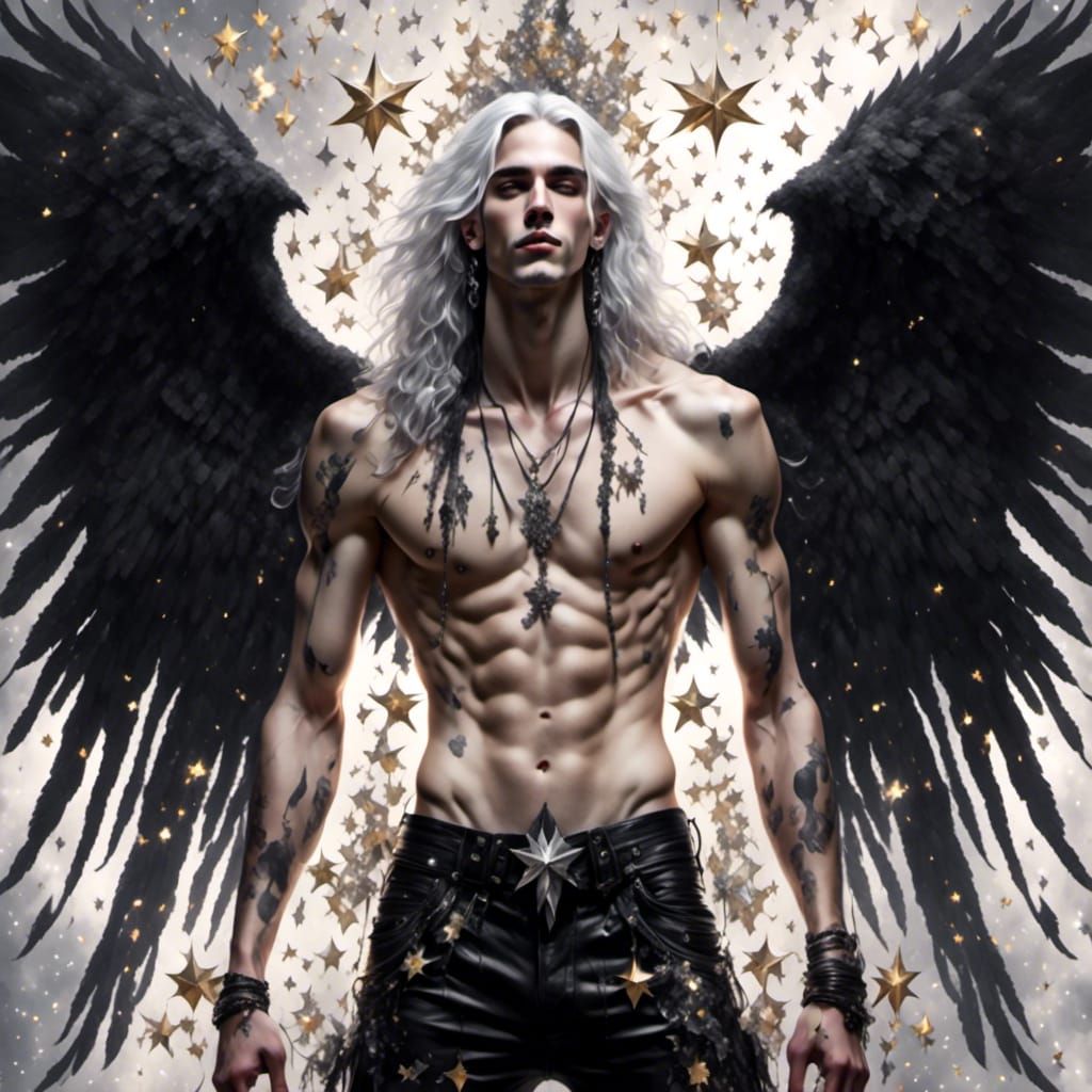 Goth Angel with Black Wings and Silver Jewelry