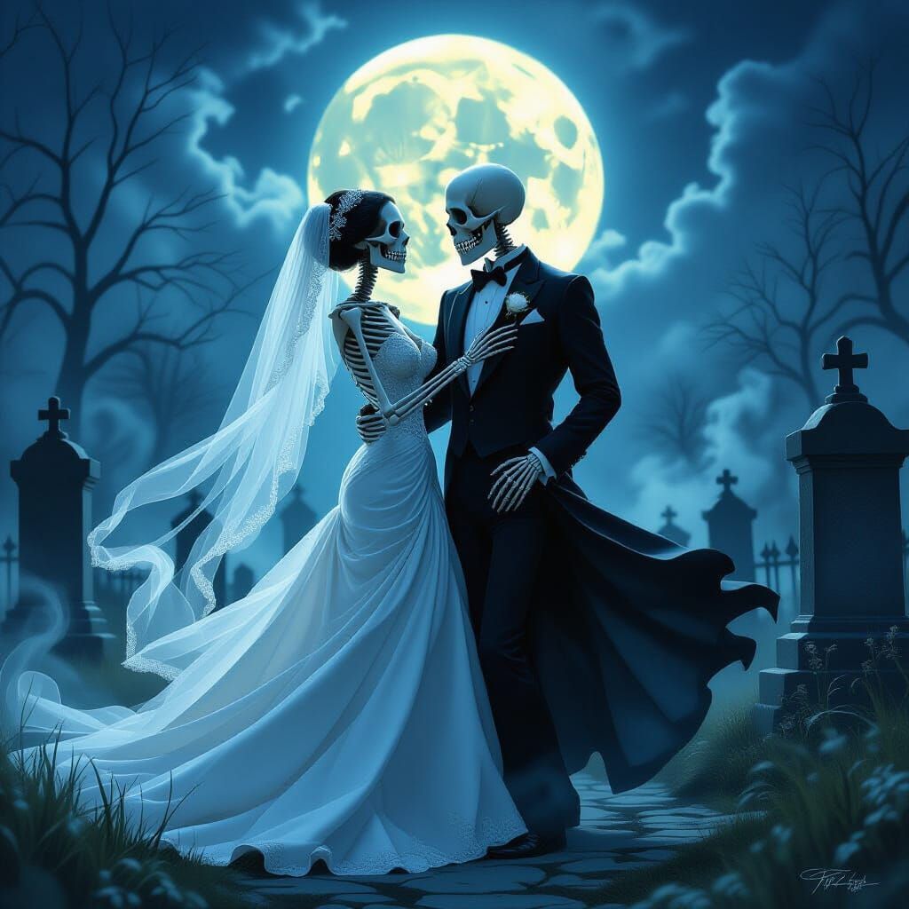 Romantic Skeleton Dance in Moonlit Cemetery