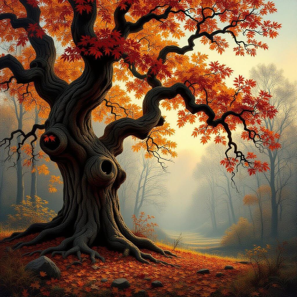 Gnarled Autumn Oak Tree in Misty Forest