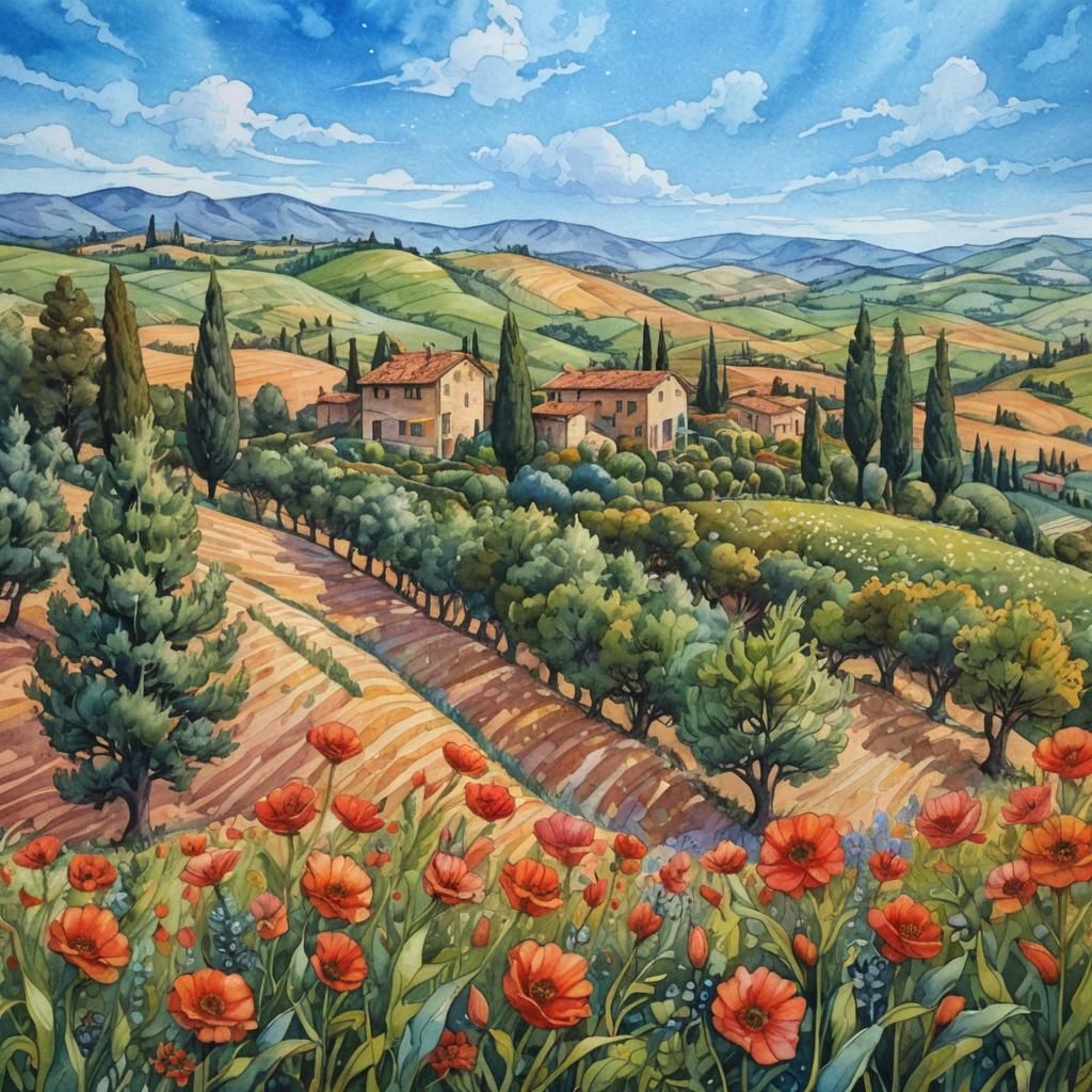 Tuscany Landscape in Vibrant Watercolor Gouache