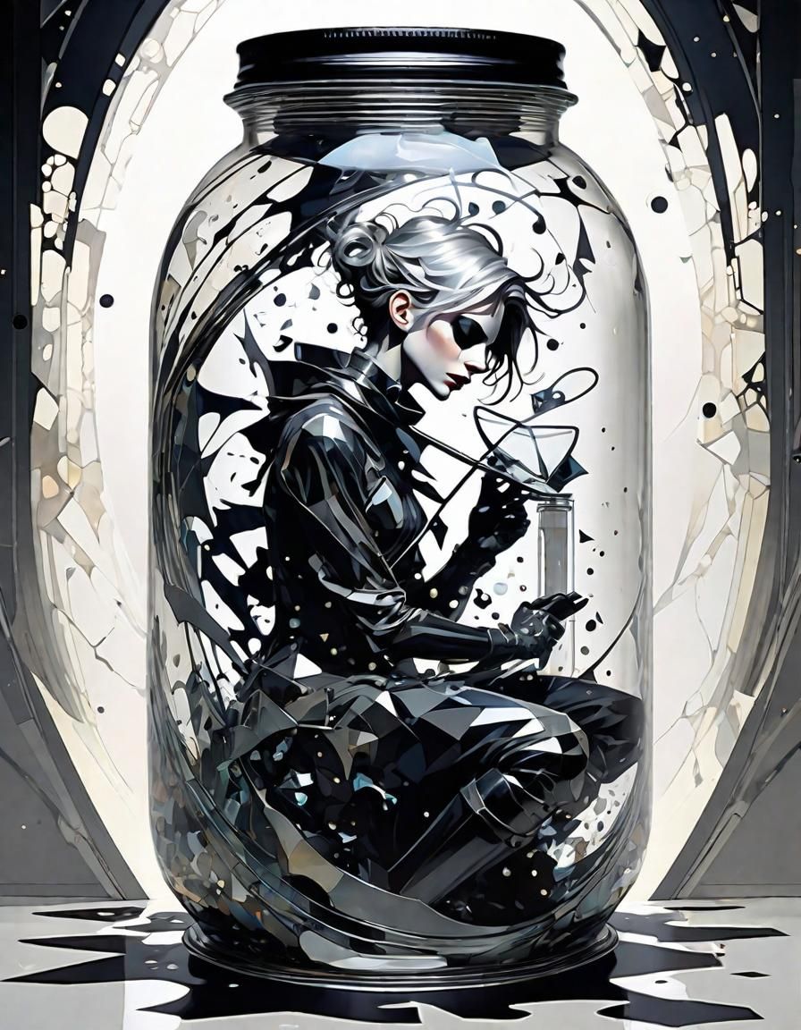 Fairy Trapped in Jar: Black Ink Anime Style