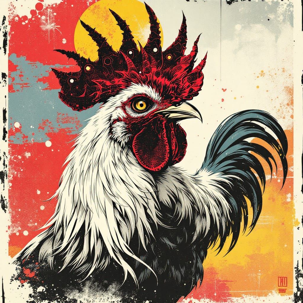 Bold Graphic Rooster Awakens Farm in Urban Surrealism