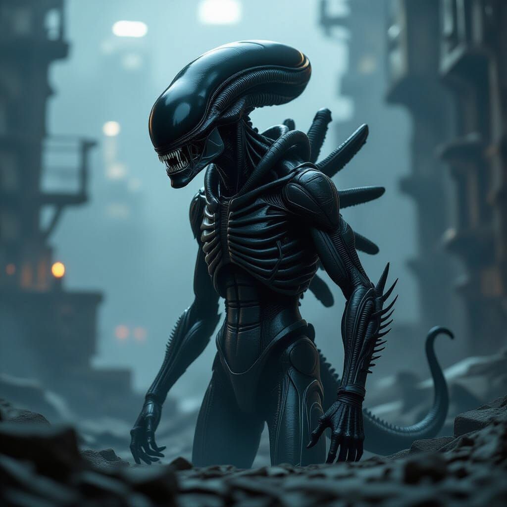 Biomechanical Alien Horror in Dramatic Industrial Lighting