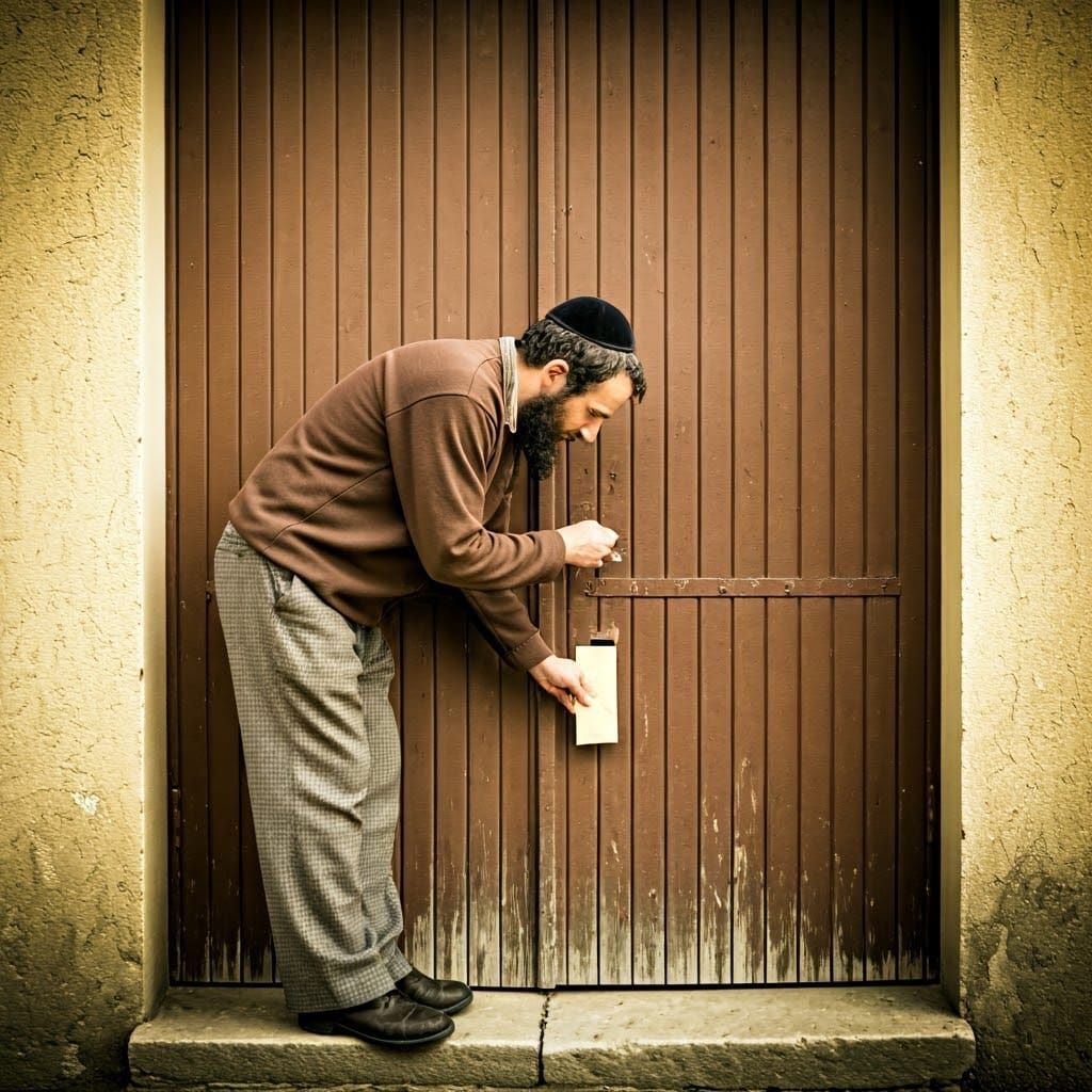 Man Bends Under Distressed Gate in Warm Antique Style