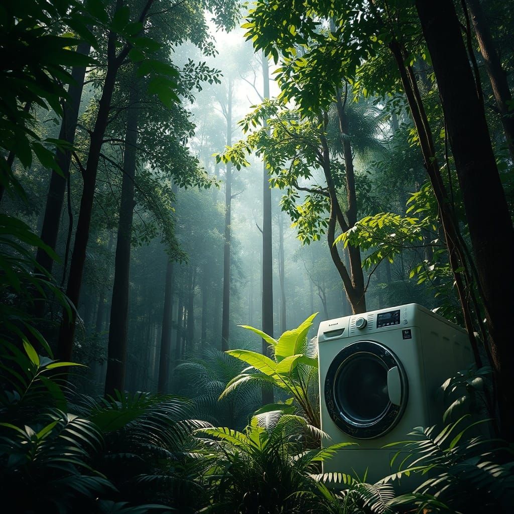Lush Rainforest Scene with Modern Washing Machine