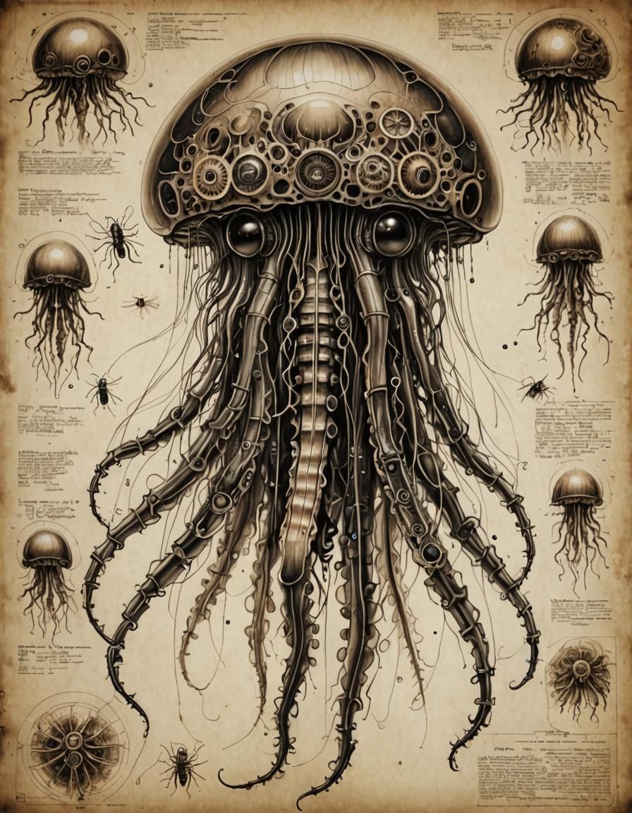Detailed Mecha-Jellyfish Dissection Diagram in Sepia Tones