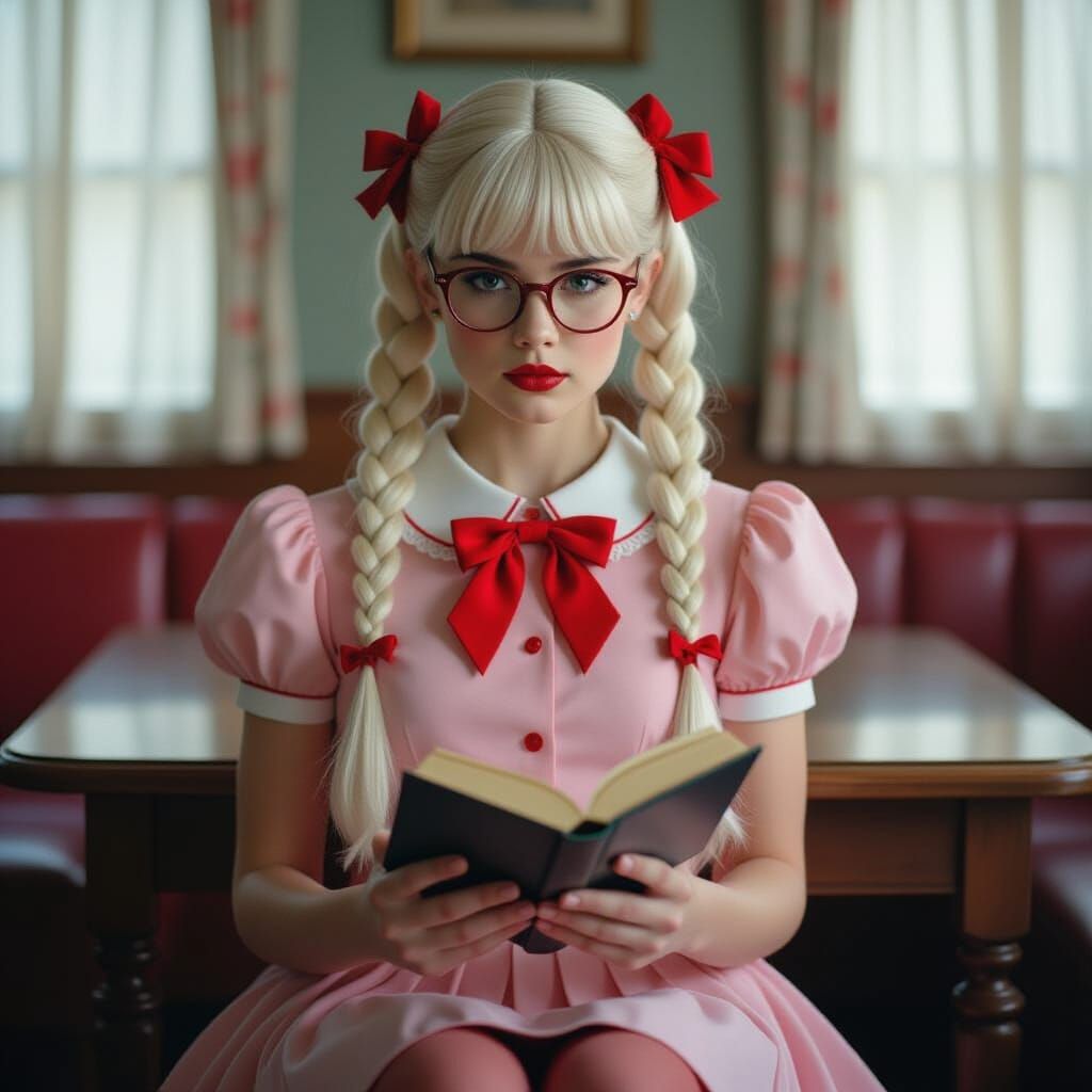 Nerdy Girl Sophie with White Hair and Red Bows in Pink Blous...