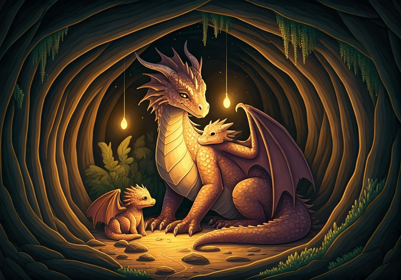 Dragon Mother and Cubs in Cozy Cave