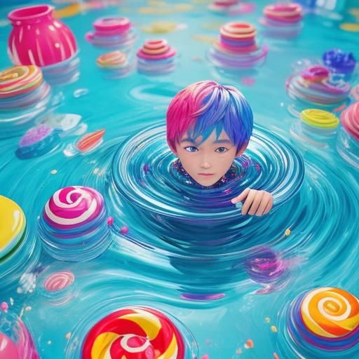 Boy Surrounded by Colorful Cups: Candy Art