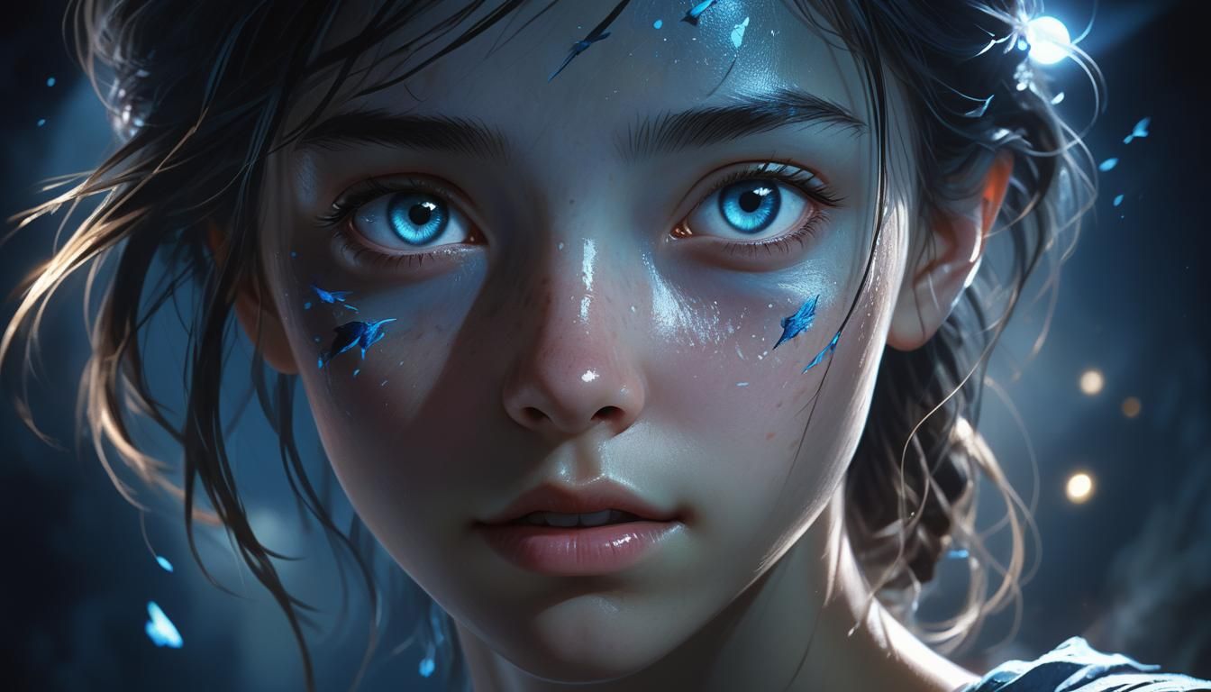 Eerie Woman in Dark Environment with Flying Creature