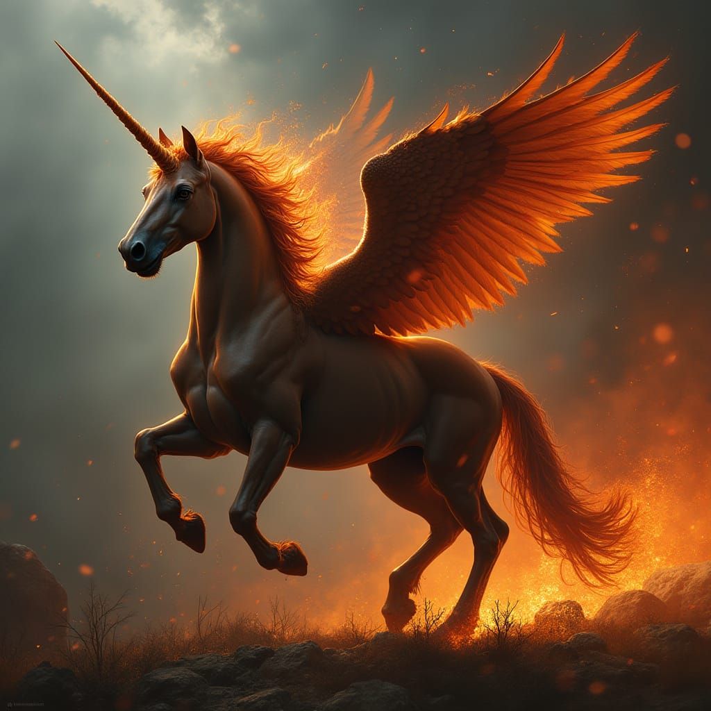 Firey Unicorn Hybrid with Phoenix Wings and Jaguar Body