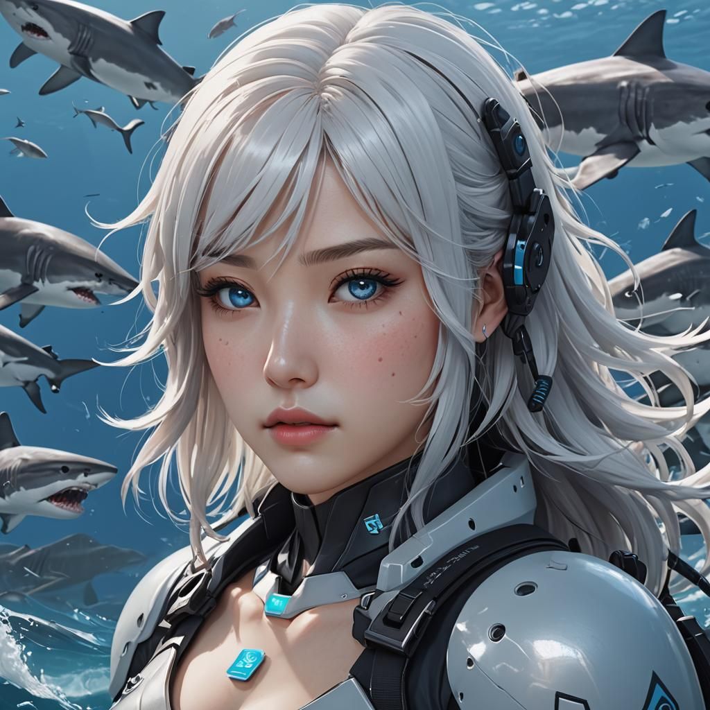 Korean Girl with Sharks in Anime Style