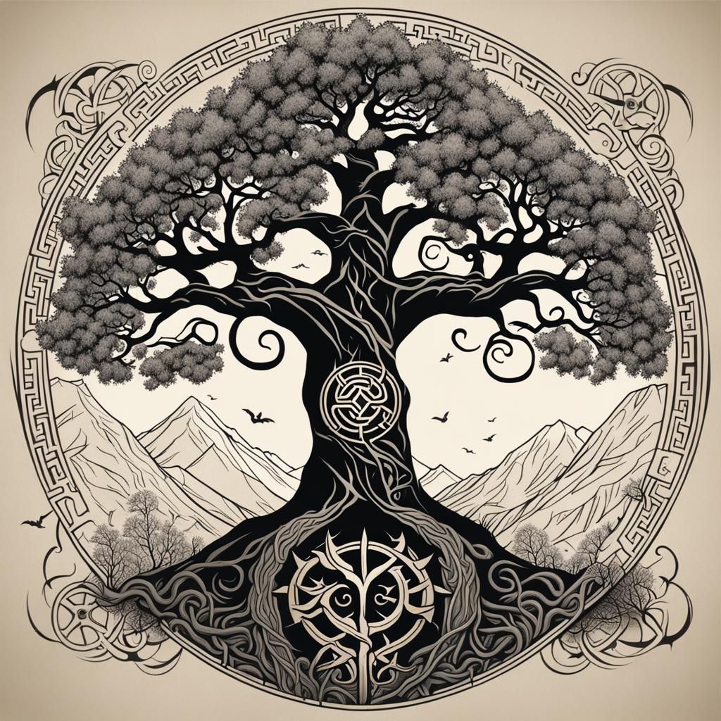 Viking Tattoo Design Featuring Yggdrasil in Detailed Art