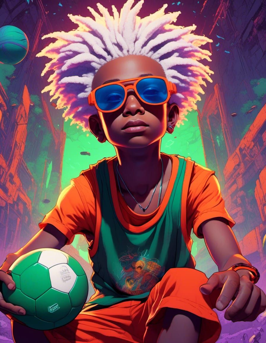 Anime-Inspired Boy with Afro Dreadlocks and Volleyball