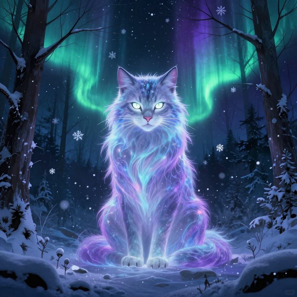 Majestic Yule Cat Under Northern Lights in Dark Forest