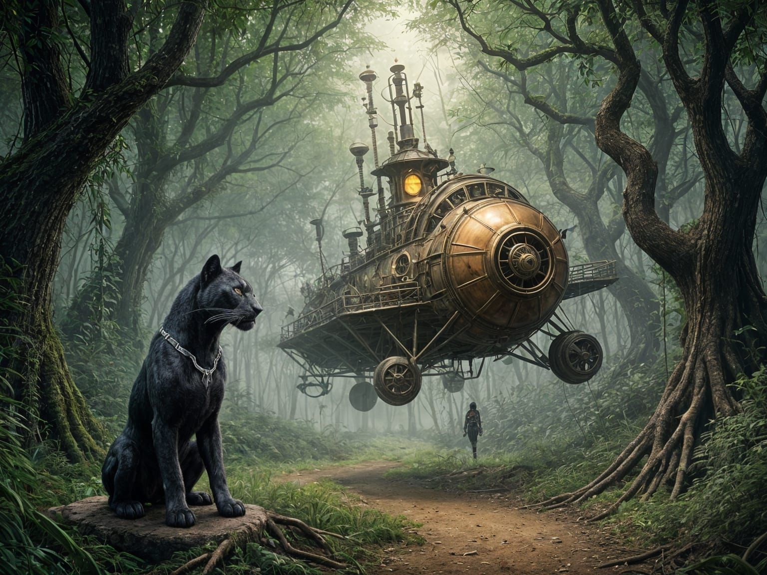 Black Panther Guarding Steampunk Rocket Launch