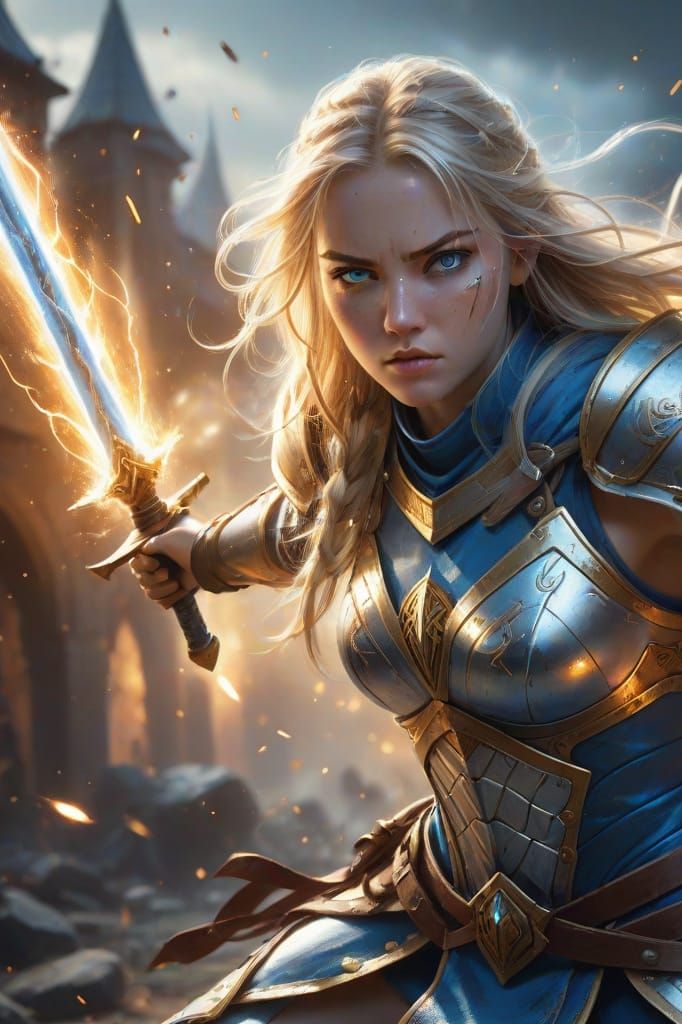 Female Warrior in Battle with Glowing Sword