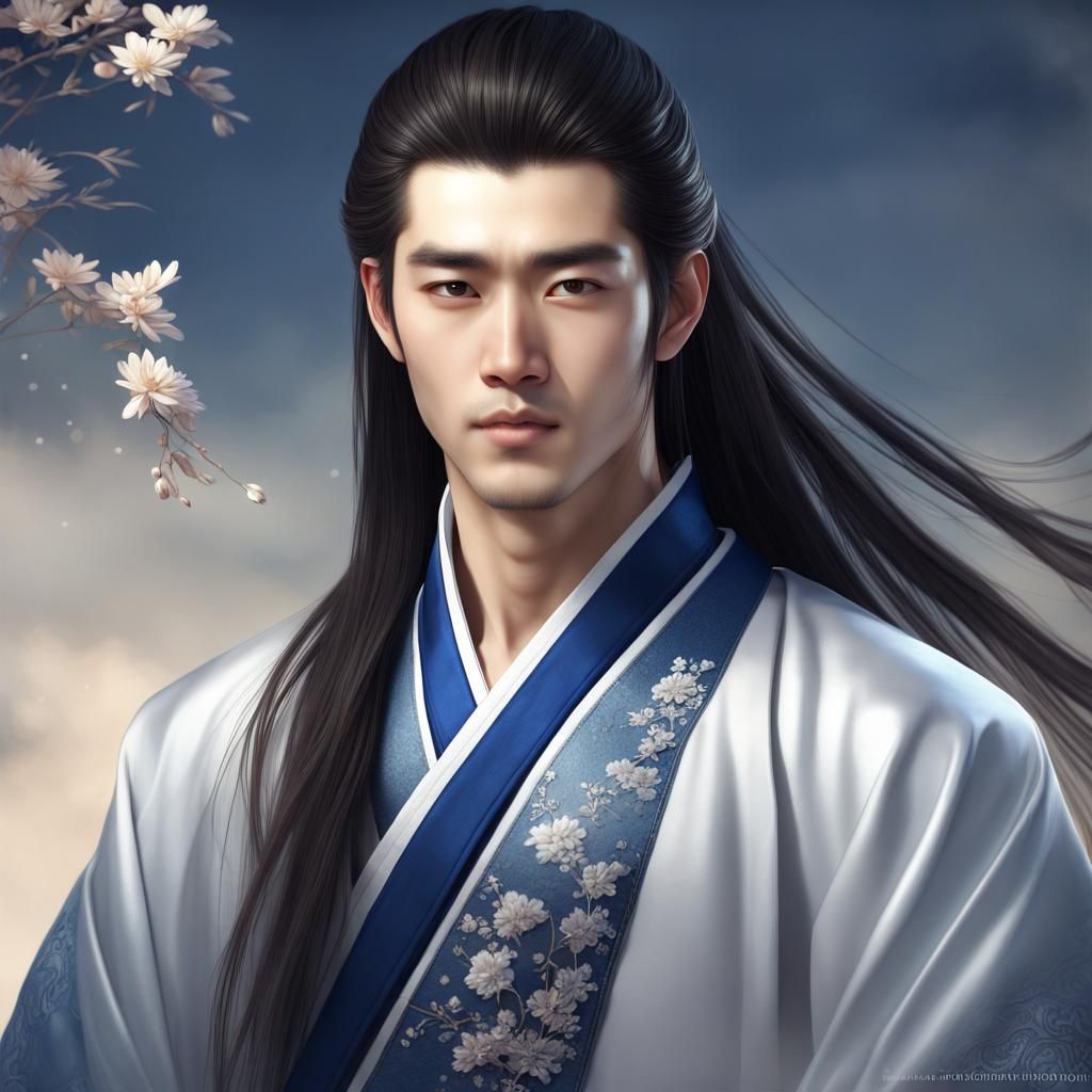 Young Man in Blue Hanfu with Silver Embroidery