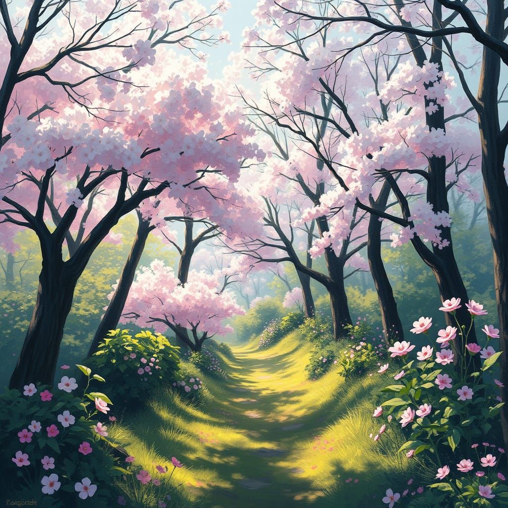 Whimsical Spring Landscape in Impressionist Style