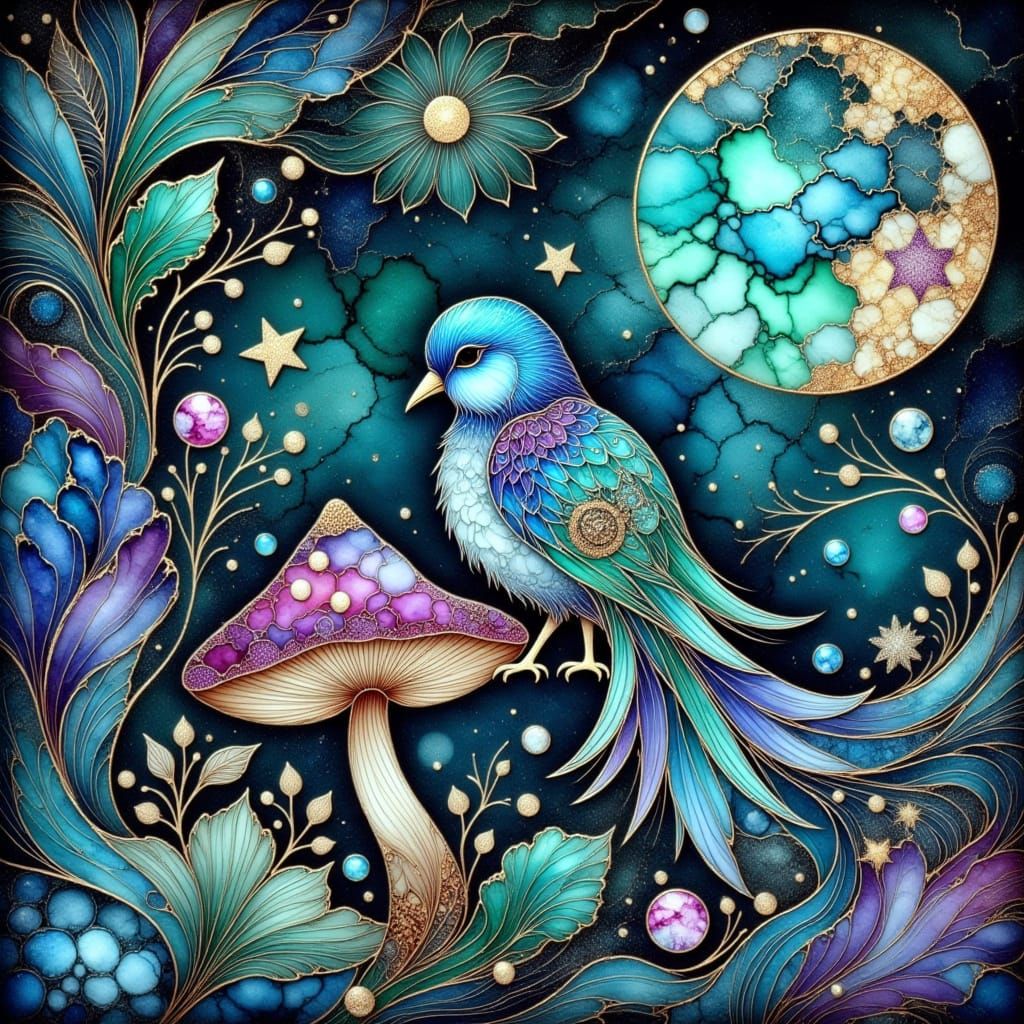 <lora:Cloisonne:1.0> <lora:Alcohol Ink Splash:1.0> a beautiful whimsical songbird fantasy art