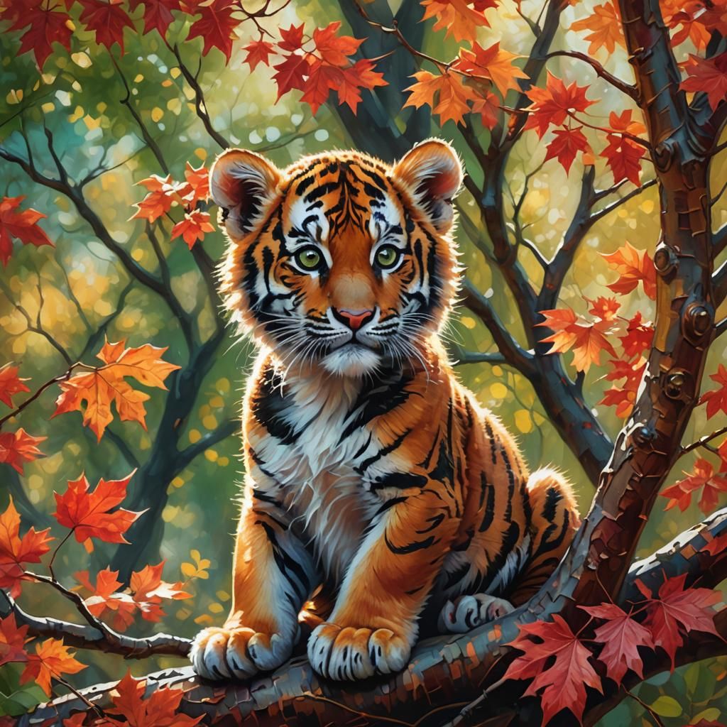 Tiger Cub Among Red Maple Leaves, Oil Painting