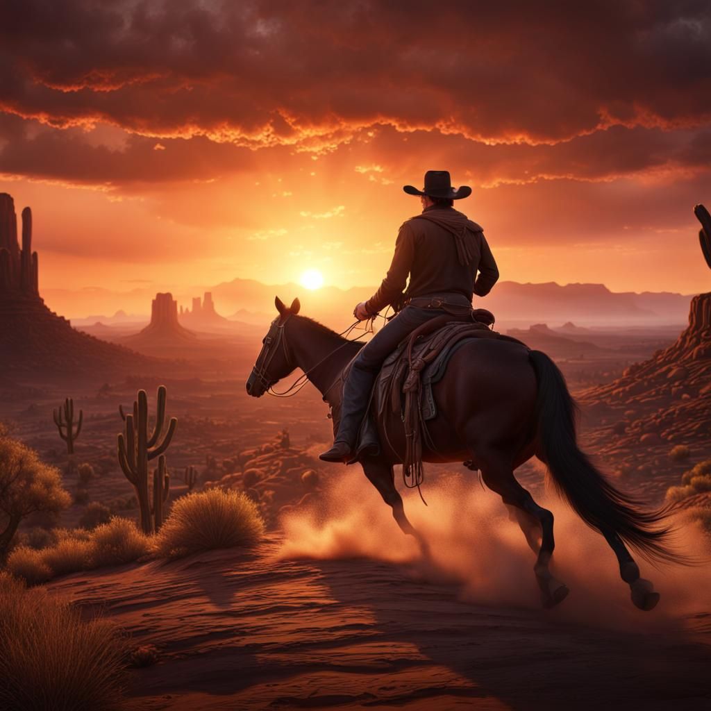 Western Cowboy Rides into Arizona Sunset