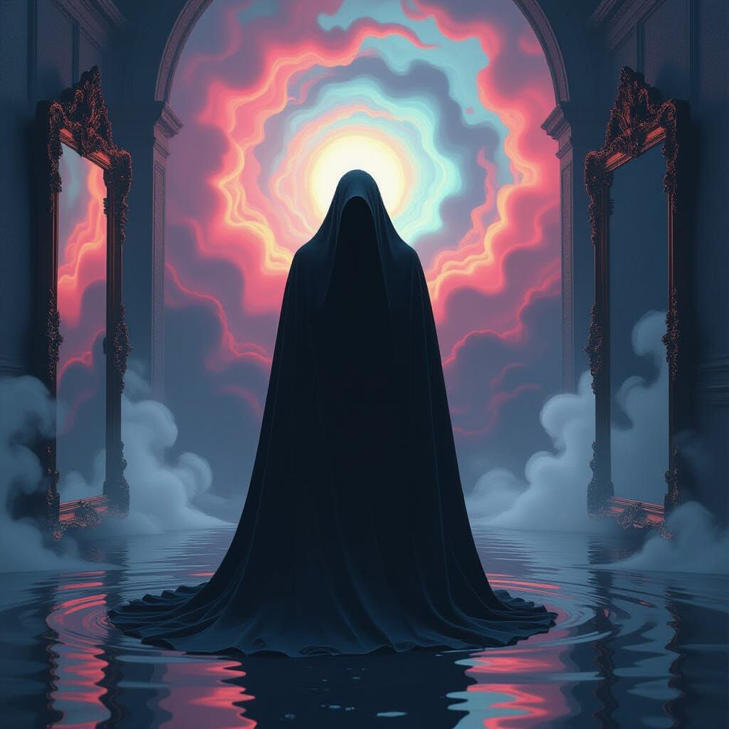 Mysterious Figure in a Dark, Surreal Dreamscape