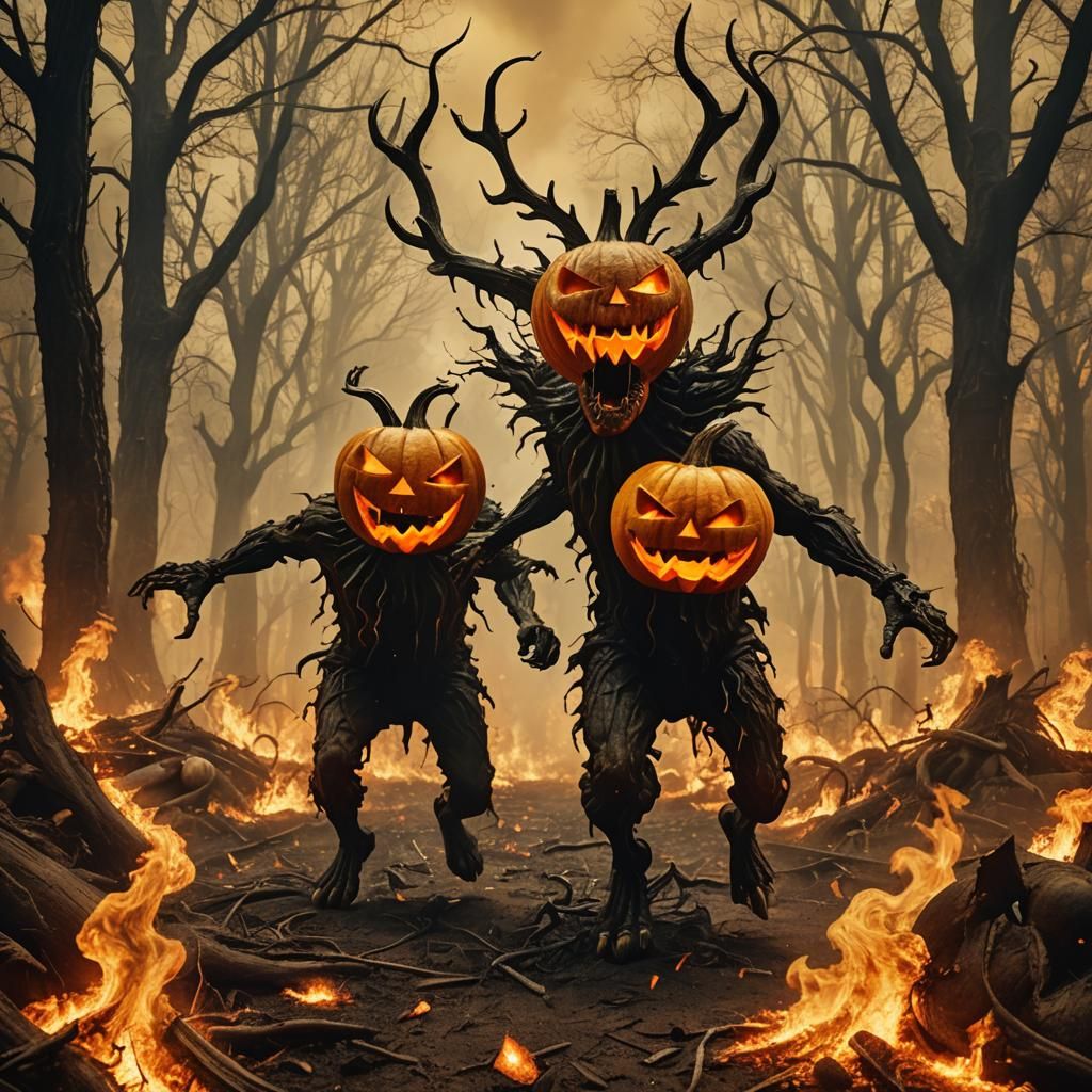 Surreal Horror Pumpkin Monster in Burning Landscape