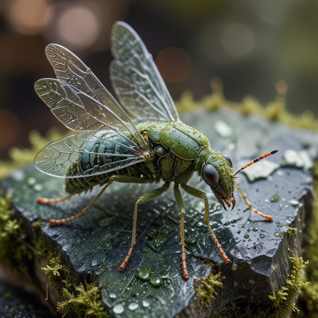 Mossy Insect on Weathered Stone in Botanical Circuit Board P...