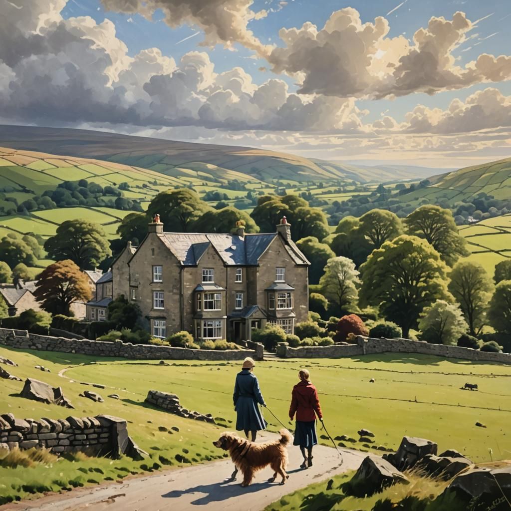 Yorkshire Dales House with Woman and Dog Painting