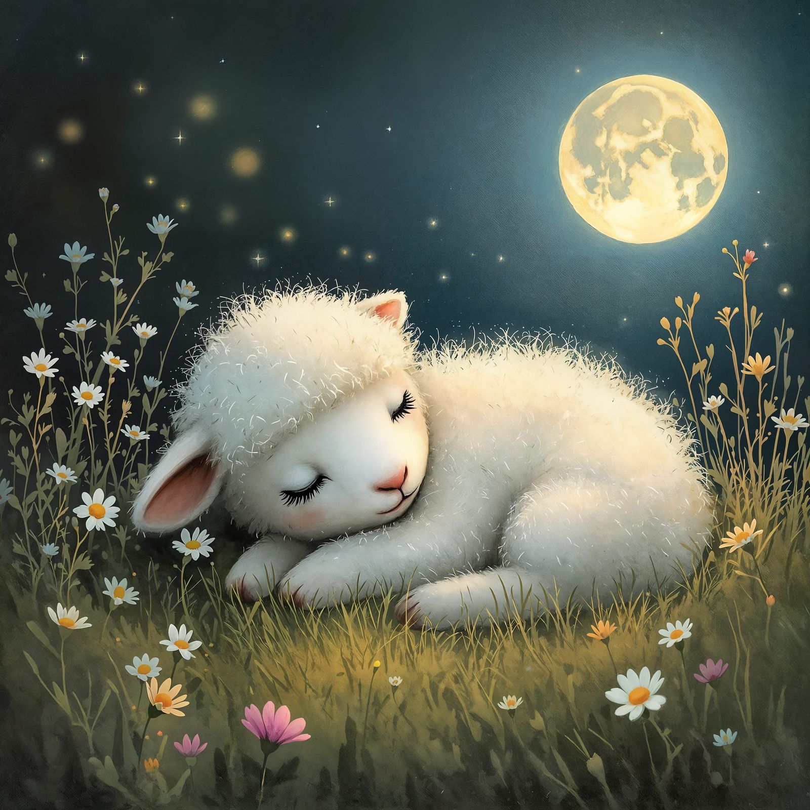 Sleeping Lamb in Moonlit Meadow Watercolor