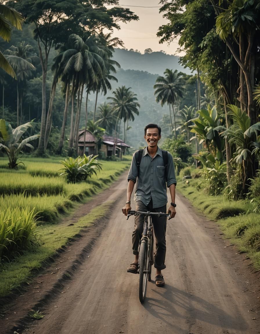 Indonesian Man Walks at Twilight: Cinematic Village Scene