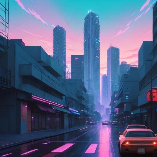 Neon Miami Street Scene in Anime Style