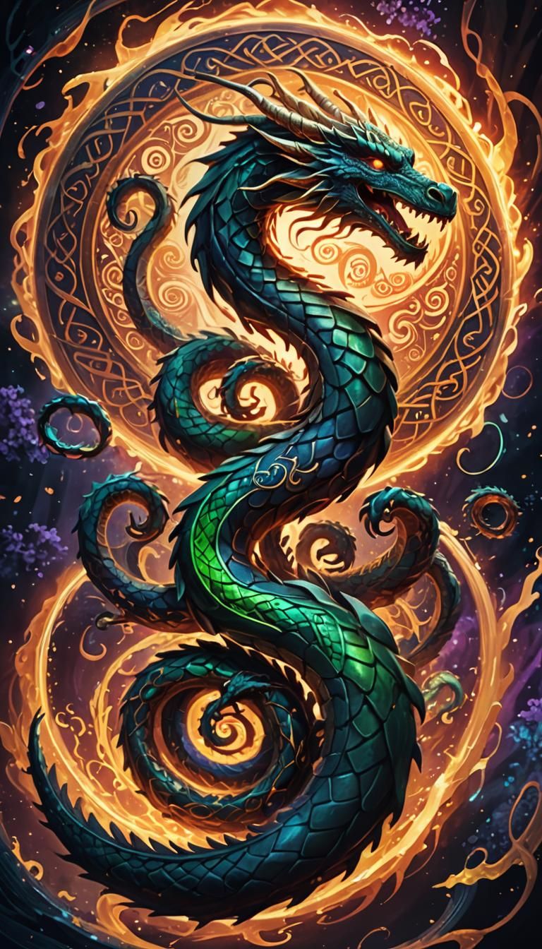 Celtic Hydra Dragon Emerges from Mystical Vortex