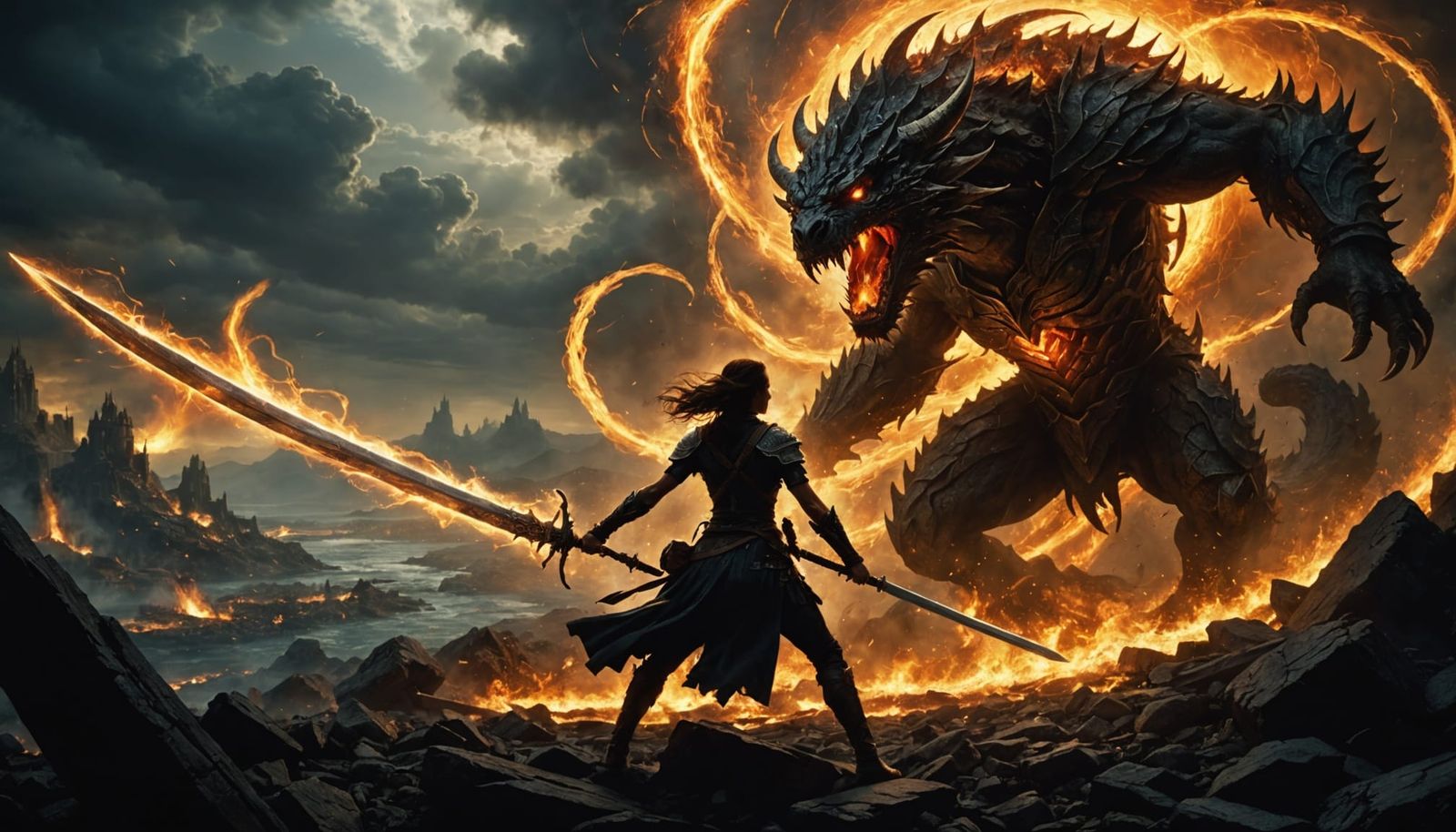 Epic Fantasy Battle Scene in Desolate Landscape