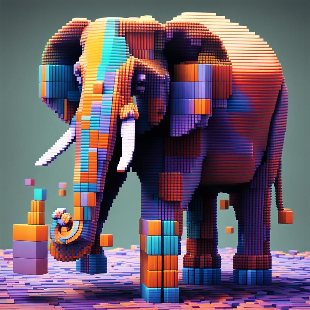Glitch Art Elephant Made of 3D Pixel Cubes