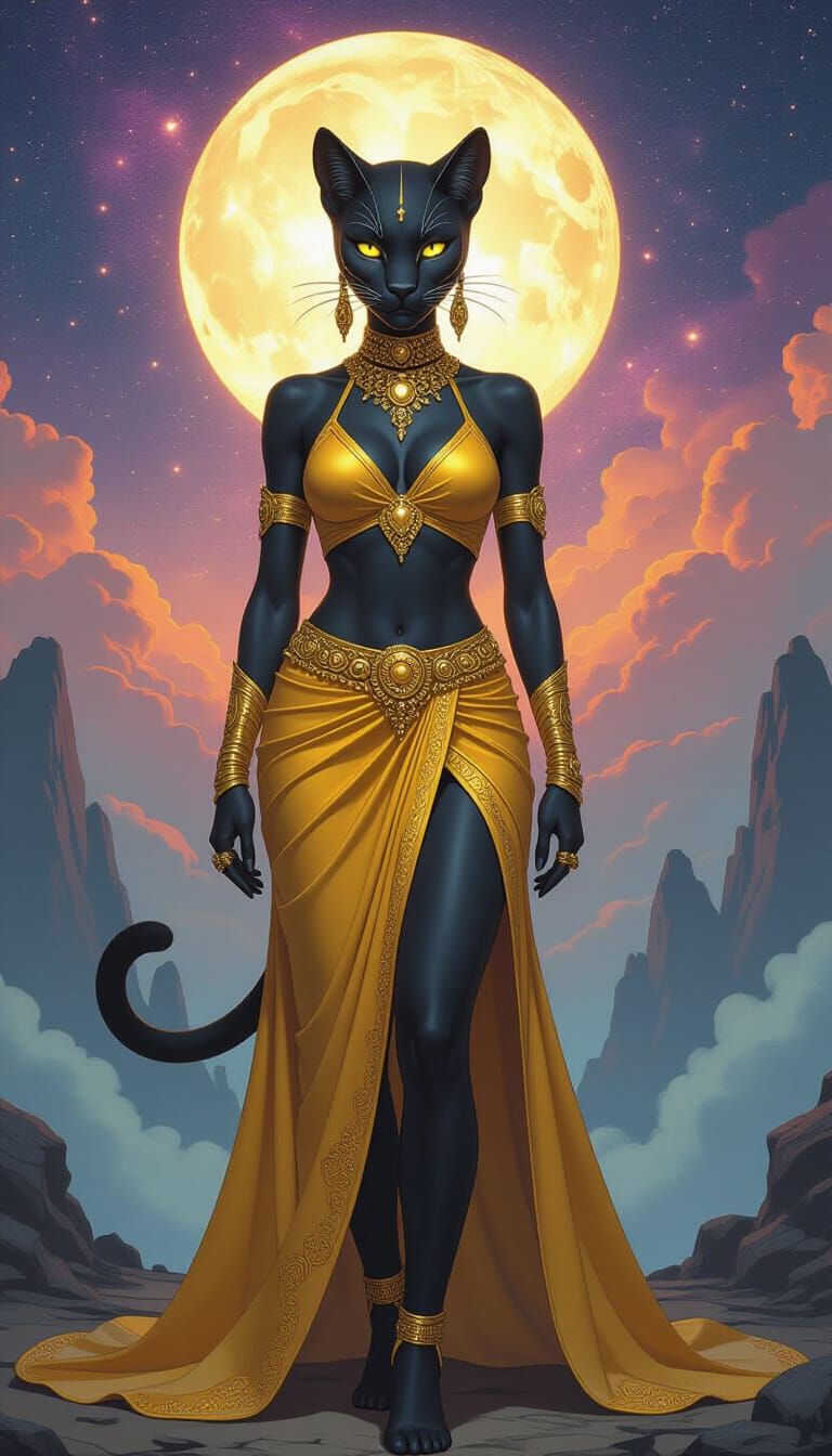 Ethereal Panther-Humanoid in Cosmic Setting, Cinematic Style