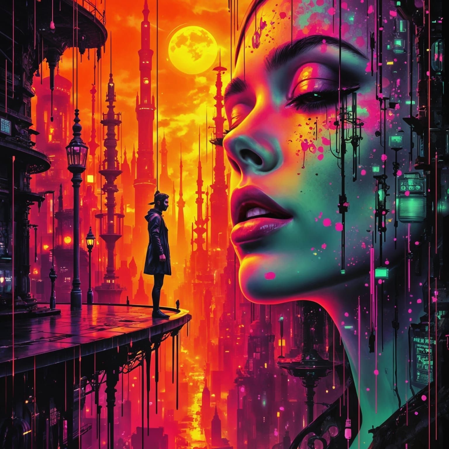 Neon Cyberpunk Impossible Architecture in Painterly Realism