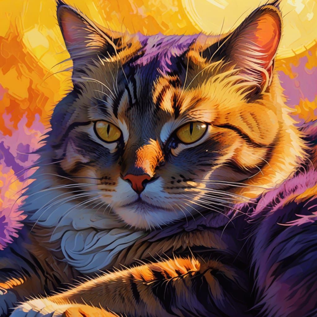 Cat Sleeping in Sunlight: Vibrant Digital Art