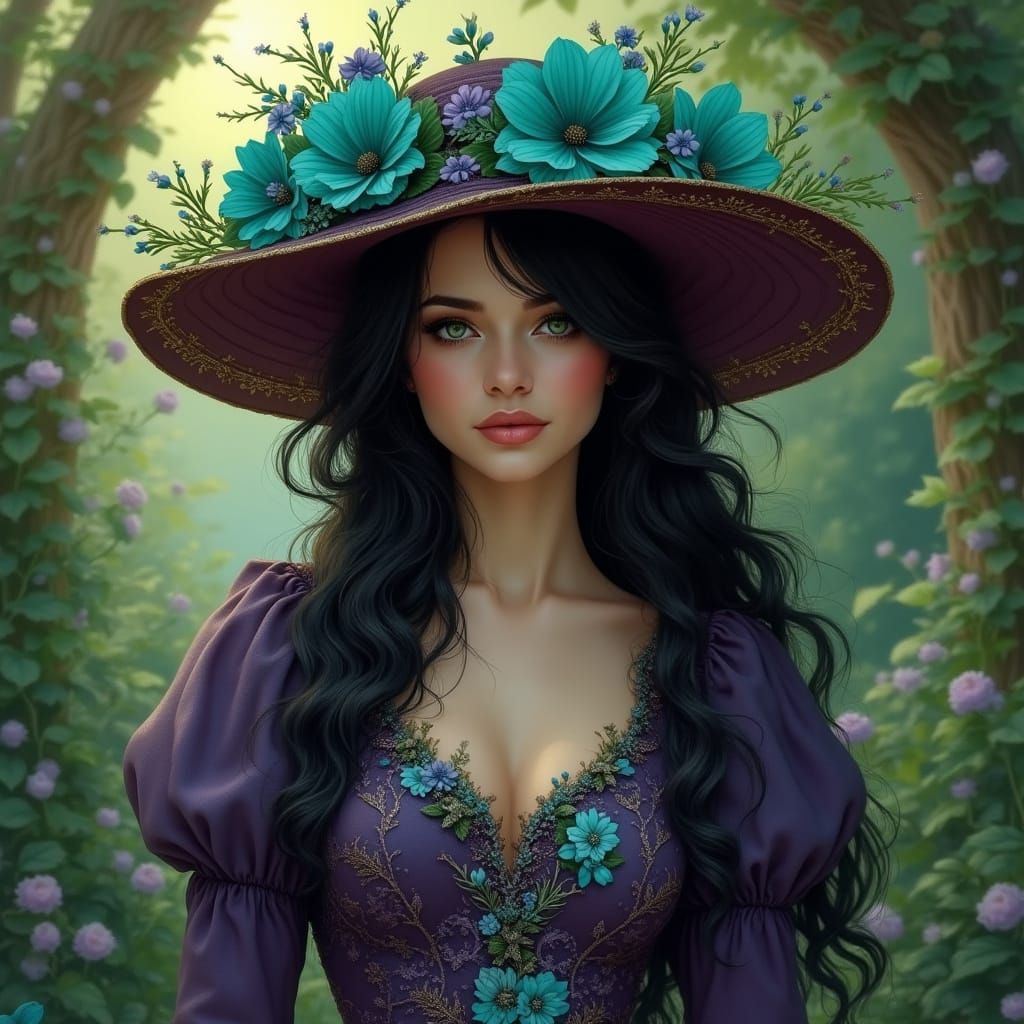 Elegant Woman in Art Nouveau-Inspired Garden
