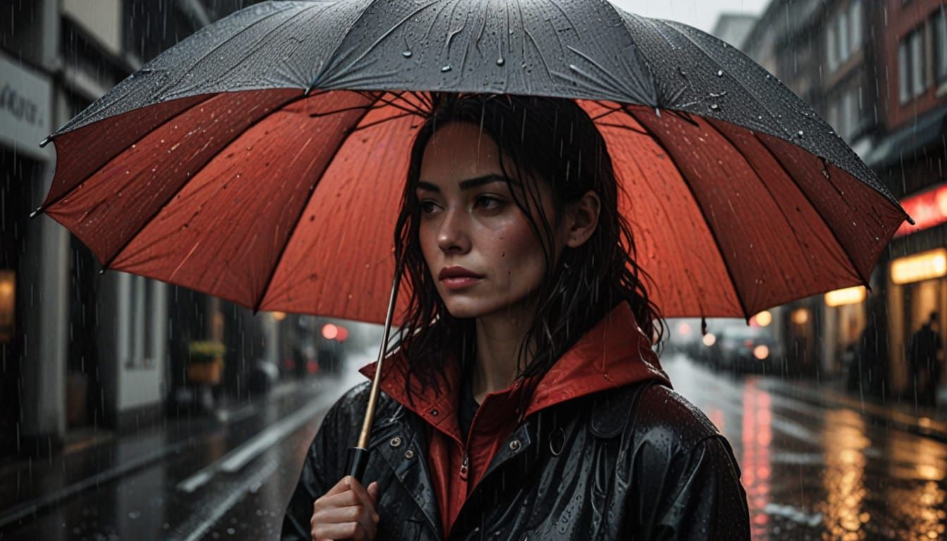 Woman in Rain with Red Umbrella - Ultra-Realistic Macro Phot...